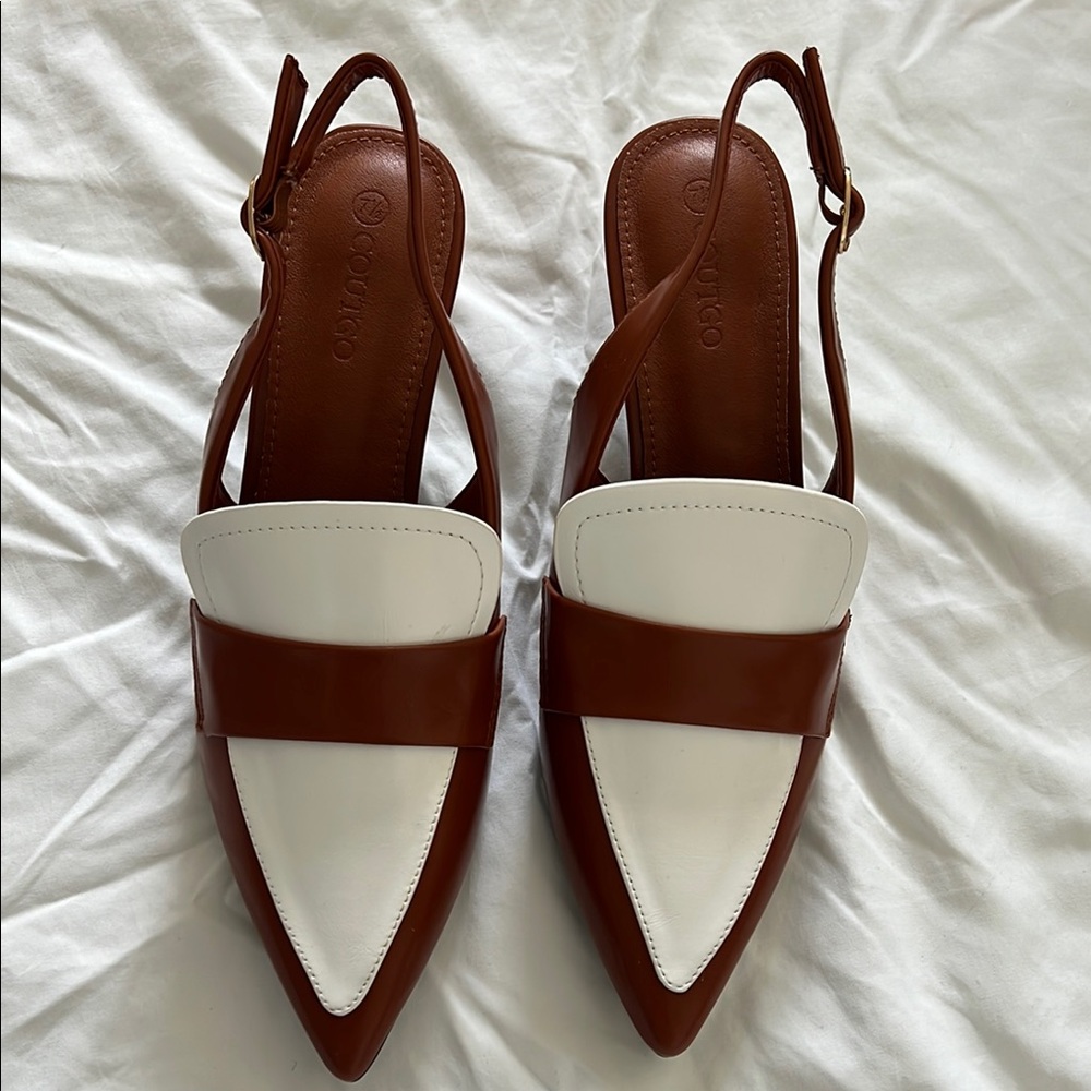 Brown and White Slingback loafers look Miu Miu